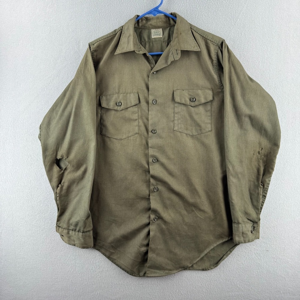 Vintage Key Imperial Shirt Mens 15.5 Green Long Sleeve Perm Press Work Shirt 60s